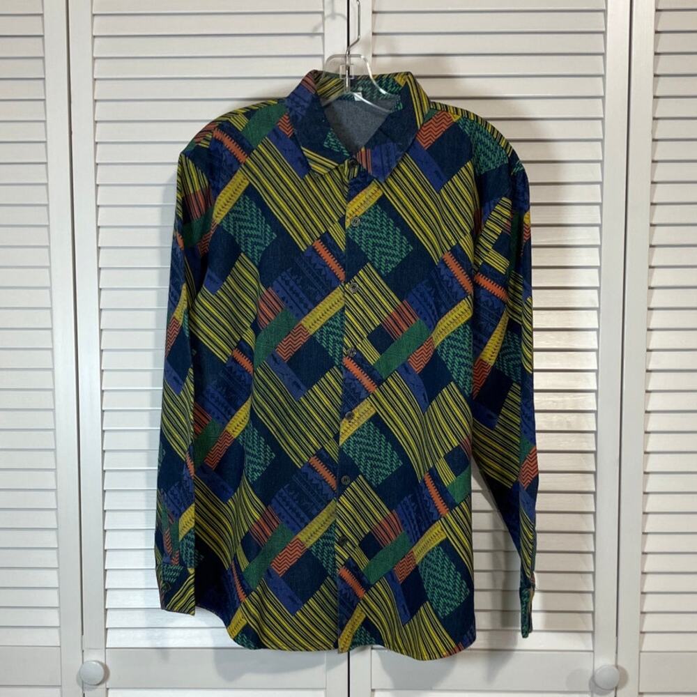 NWOT FSTreasurer Retro Boho Streetwear Denim Geometric Patchwork Men Shirt XL